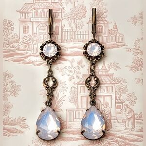 Victorian Pink Opal Rosewater Swarovski Crystal In Long Brass Earrings